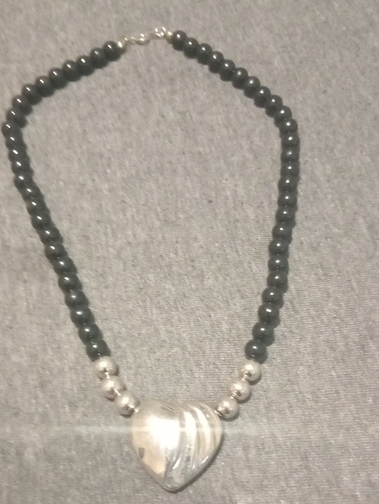 Jewelry - Silver Heart Pendant Necklace with Black Beads